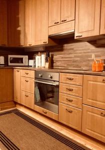 a kitchen with a stainless steel oven and wooden cabinets at Mannimaatila Tera Lux in Punkaharju