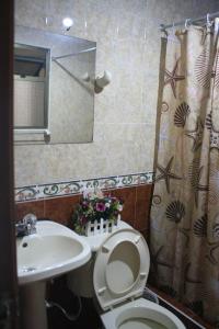 a bathroom with a toilet and a sink and a mirror at Hostel Casa Alb in Bogotá
