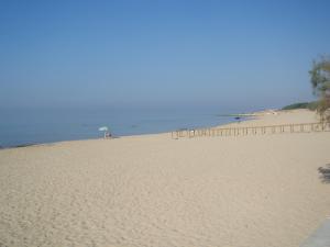 a sandy beach with an umbrella and the ocean at Hotel Costa D'Oro in Torre Ovo