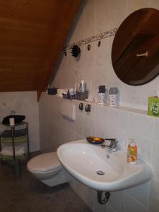 a bathroom with a sink and a toilet at Ruhige Wohnung bei München, Fürstenfeldbruck, Dachau in Oberschweinbach