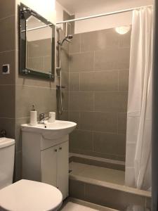 La salle de bains est pourvue de toilettes, d'un lavabo et d'une douche. dans l'établissement Apartament Centrum Jana Pawła II, à Varsovie