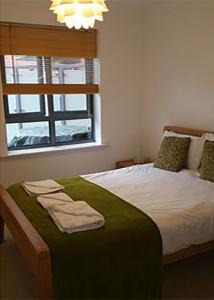 ein Schlafzimmer mit einem Bett mit einer grünen Decke und einem Fenster in der Unterkunft Oxford Apartment Central - Jericho Riverfront--Free parking -2 bedrooms- 2 bathrooms - Easy walk to Bus and Rail station in Oxford