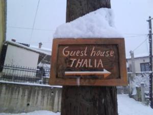 a sign that says guest house thalia on a tree at Thalia Rooms in Kalabaka