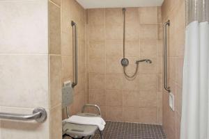 a bathroom with a shower with a shower curtain at Ramada by Wyndham Saginaw Hotel & Suites in Saginaw