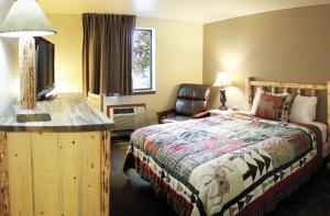 a bedroom with a bed and a chair and a television at FairBridge Inn and Suites Sandpoint in Ponderay