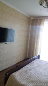 Schlafzimmer mit einem Bett und einem Flachbild-TV an der Wand in der Unterkunft Порт Сіті in Luzk