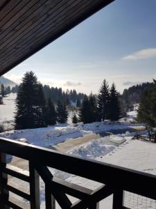 a view from the deck in the snow at GOLDI 85 in Pamporovo