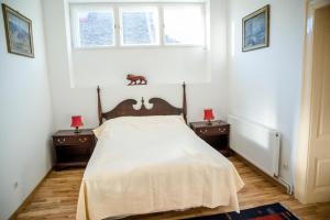 una camera da letto con un letto con un gatto sopra di Anastasia a Mediaş