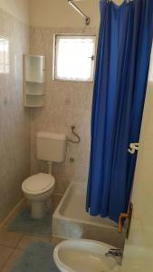 a bathroom with a toilet and a blue shower curtain at Apartmani Ante in Posedarje +21 photos