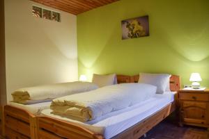 two twin beds in a room with green walls at Gasthof Gruber in Wald am Schoberpaß