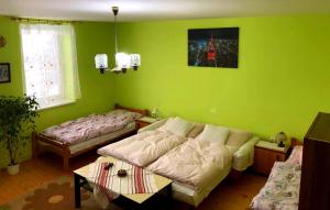 Camera verde con 2 letti e un divano di Privat DAŇO a Lisková