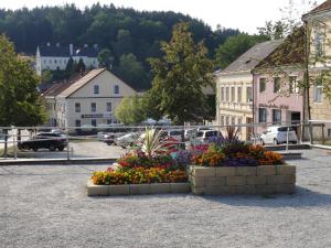 a town with a bunch of flowers in a courtyard at Gästehaus Familie Löffler - Ferienwohnung am Stadtplatz in Litschau in Litschau