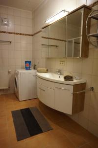 a bathroom with a sink and a washing machine at Gästehaus Familie Löffler - Ferienwohnung am Stadtplatz in Litschau in Litschau