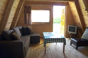 a living room with a couch and a tv at Sunrise Camp Łazy in Łazy