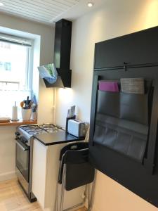 
a kitchen with a sink, stove and a microwave at TosleepinCPH in Copenhagen
