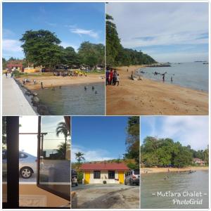 a collage of photos of people on a beach at Mutiara Chalet in Melaka