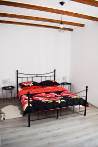 a bedroom with a black bed with a red blanket at Samodol in Drinovci