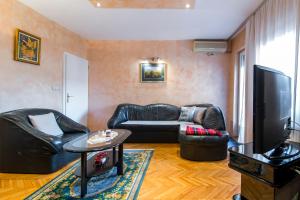 a living room with a leather couch and a tv at Apartment City center in Novi Sad