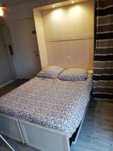 1 cama con 2 almohadas en una habitación en Charmant studio bord de mer, en Ouistreham