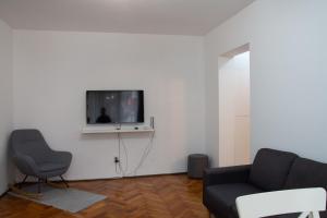 een woonkamer met een bank en een tv aan de muur bij Apartament Luca in Turda