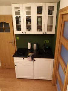 uma cozinha com armários brancos e um lavatório em Apartament Zielony Zdrój em Polanica-Zdrój