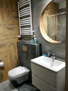 ein Badezimmer mit einem Waschbecken, einem WC und einem Spiegel in der Unterkunft Apartament Zielono Mi in Kołobrzeg