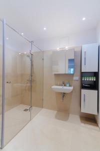 a bathroom with a glass shower and a sink at BestVienna U1 Kagran/DZ in Vienna