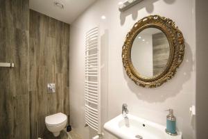 a bathroom with a toilet and a mirror on the wall at MoHo L in Wrocław