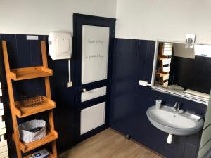 a bathroom with a sink and a mirror at Maison Matignon Bretagne in Matignon +32 photos
