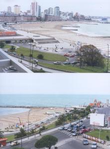 zwei verschiedene Ausblicke auf eine Stadt und einen Strand in der Unterkunft Bolivar y Guemes Frente Al Mar in Mar del Plata
