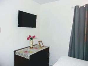 a bedroom with a tv and a table with a vase of flowers at Central Oaklands Kingston Apt in Kingston