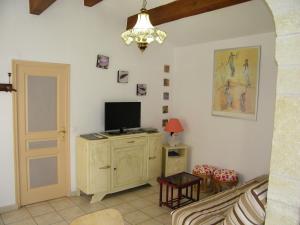 un salon avec une télévision sur un meuble dans l'établissement Domaine du bois gîte Bleuette, à Galargues