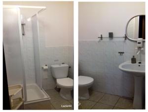 two pictures of a bathroom with a toilet and a sink at Willa Nova in Karwia