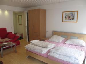 1 dormitorio con cama rosa y sofá rojo en Im Zentrum Am Hebelhof 1Zi., en Freiburg im Breisgau