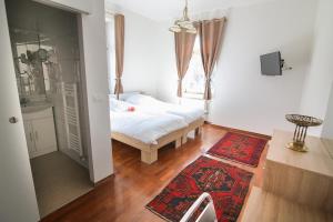 - une chambre avec un lit, une fenêtre et un tapis dans l'établissement Hotel Vila Katrca, à Ljubljana