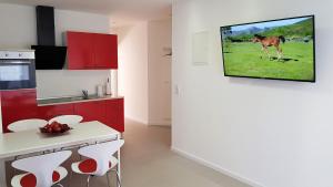 a kitchen with a tv hanging on a wall at Ferienwohnungen Hankenstraße in Bremen