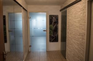a hallway with glass doors and a mirror at Rosenalm - Appartement 30 in Scheidegg