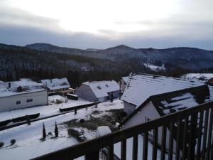 vistas a una ciudad cubierta de nieve con edificios en Le Gite Du Bucheron, en Dabo