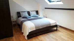 a bedroom with a bed with blue and white pillows at CEP MAISONNETTE in Brussels