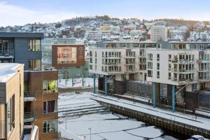 特隆赫姆的住宿－BJØRVIKA APARTMENTS, Solsiden Area, Trondheim city center，享有城市景观和建筑