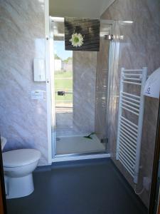 a bathroom with a toilet and a glass shower at Cosy Camping Suffolk in Ipswich