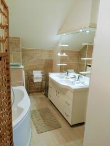 a bathroom with a sink and a tub and a toilet at Buda Panzió in Győr