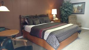 1 dormitorio con 1 cama, mesa y sillas en Five Star Inn - Maggie Valley, en Maggie Valley