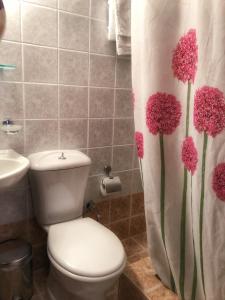 a bathroom with a toilet and pink flowers on the shower curtain at Varosi Guesthouse in Edessa +37 photos