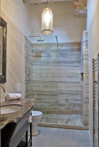 een badkamer met een douche, een toilet en een wastafel bij Stylish apartment in the historic center of Cortona in Cortona