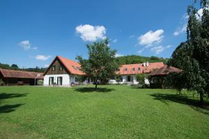 ein großer Hof mit einem Haus und einem Baum in der Unterkunft Kürbishof Gartner in Fehring