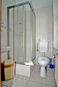 a bathroom with a shower and a toilet at Hotel am Berg Oybin garni in Oybin