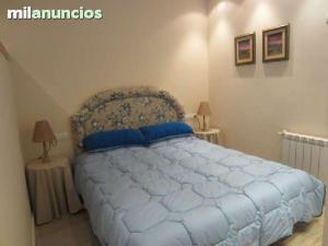 1 dormitorio con cama azul y almohadas azules en apartamento el mirador, en Ezcaray