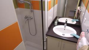 La salle de bains est pourvue d'un lavabo et d'une douche. dans l'établissement VVF Sud Aveyron, à Brusque