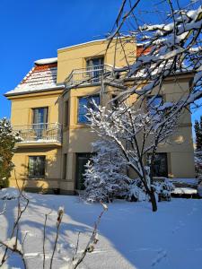 dom pokryty śniegiem z drzewem przed nim w obiekcie Vila Krocinka w Pradze